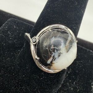 Vintage Modernist UTC 925 Snowflake Obsidian Cabochon Ring Size 11
